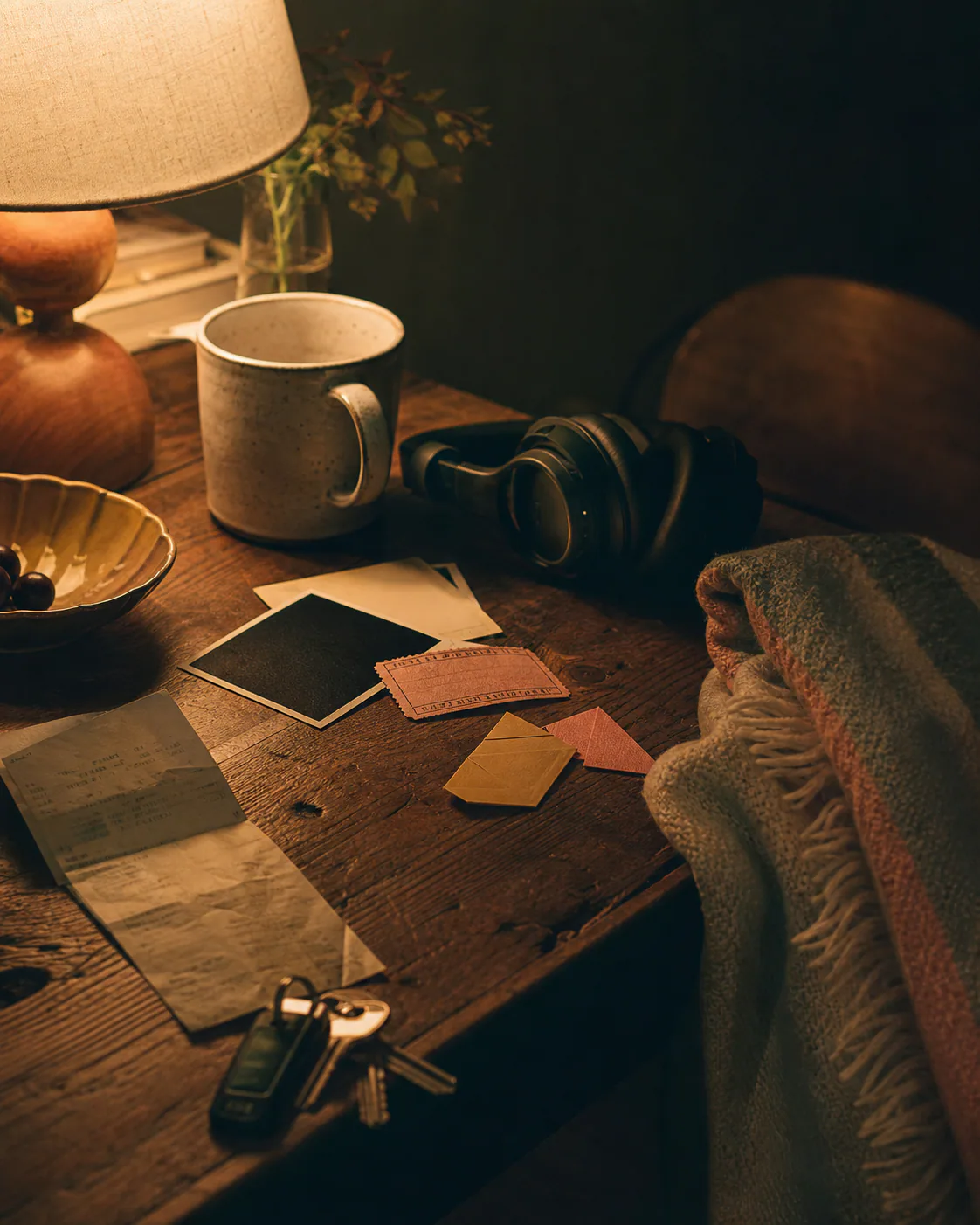 An evening table with a mug, headphones, a ticket, keys, and a blanket