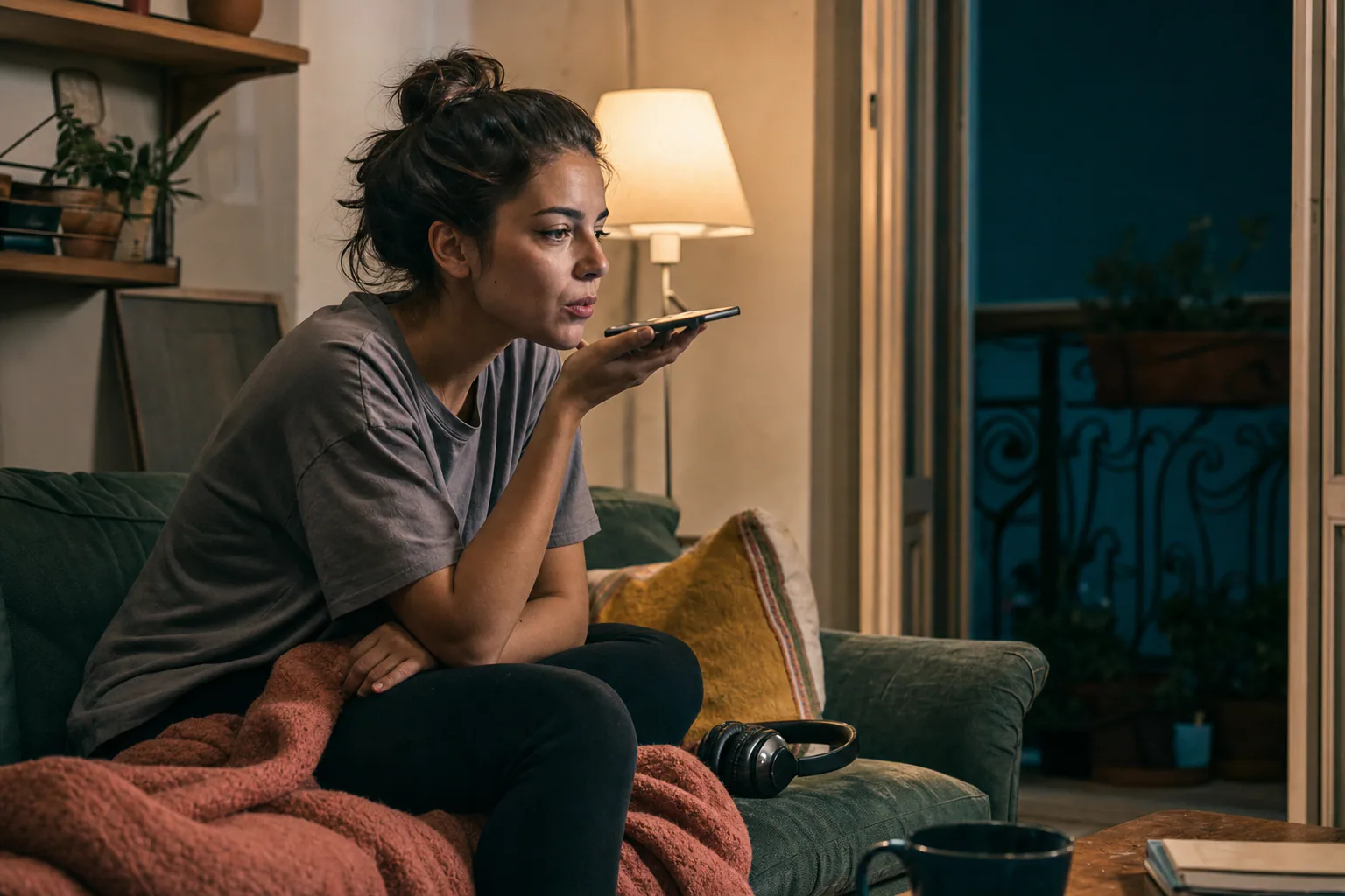 A person records a voice note at home in the evening