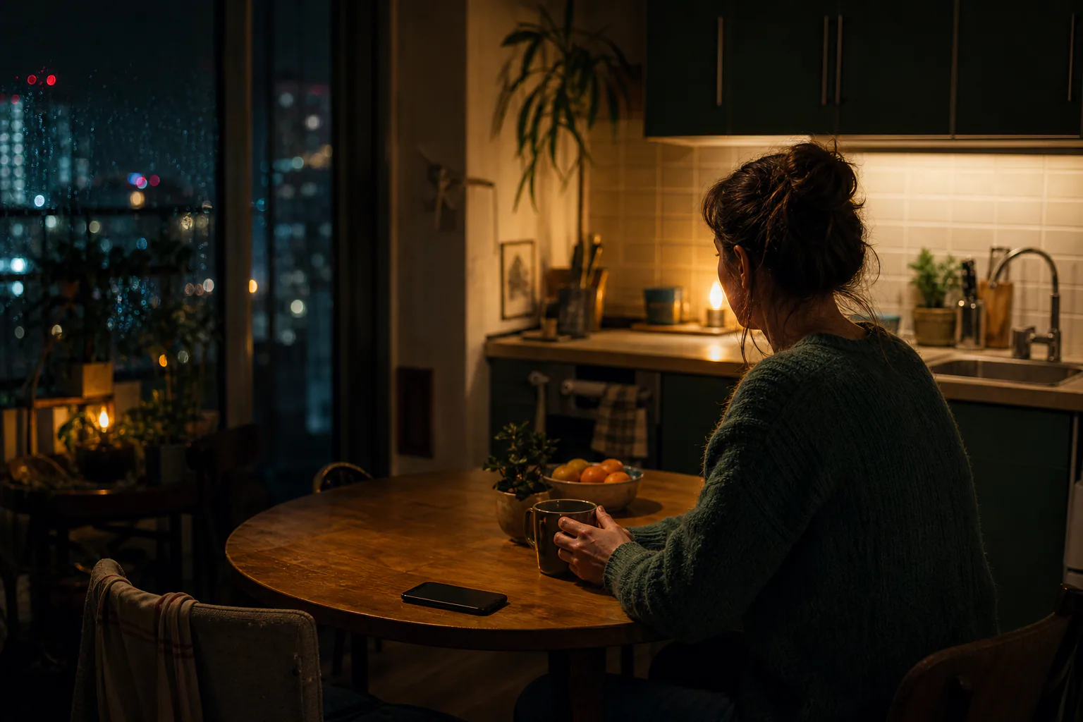 Late evening: a person sits with their back to the camera at a kitchen table, phone set aside