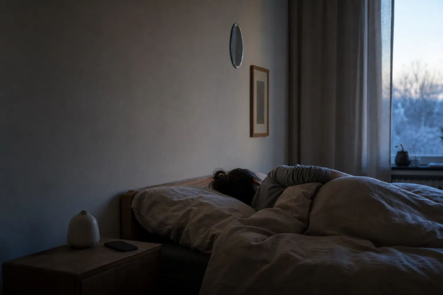 Near dawn, a person has finally gone to sleep with their phone left on the bedside table