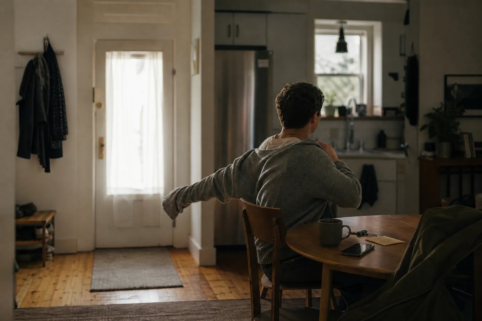 A person gets ready to leave home in the morning, seen from behind