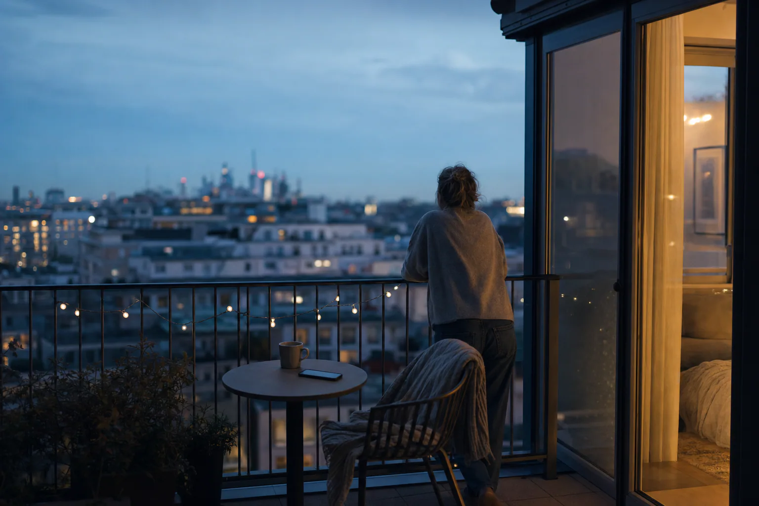 A person stands on a calm balcony after putting their phone down