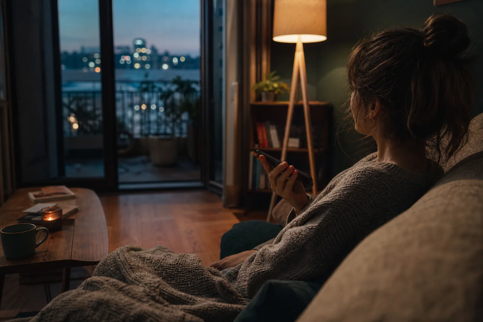 A person records a voice note in a quiet room, seen from behind